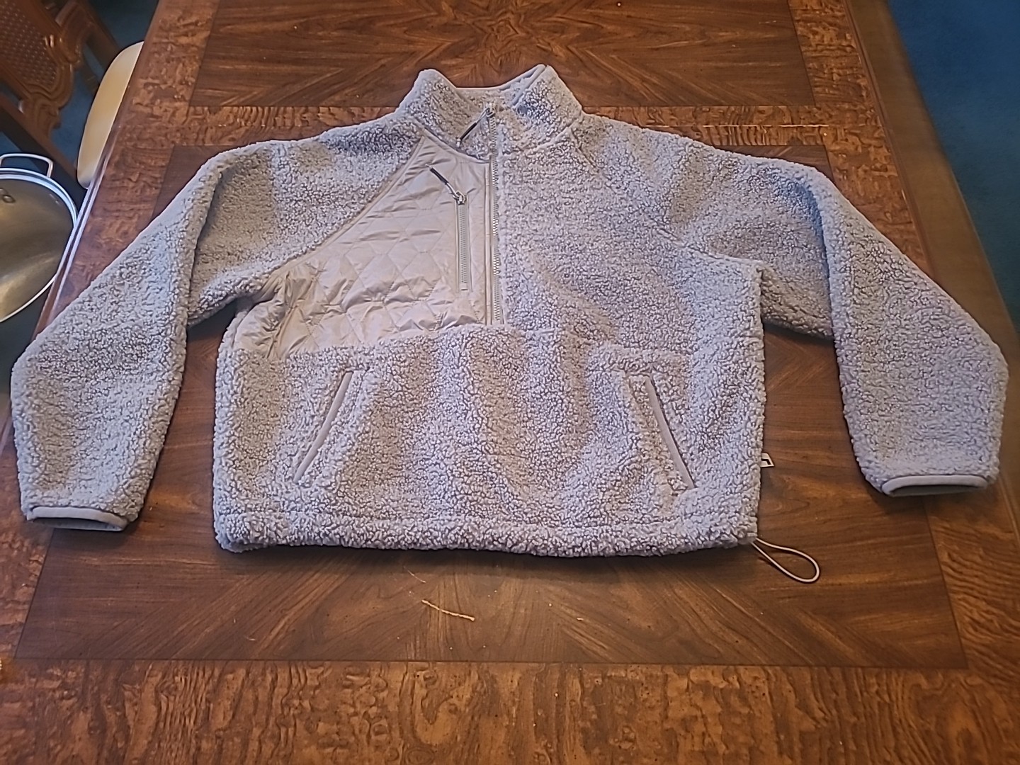 2 Joy Lab 1/2 Zip Sharpa Pullover Blue & Gray Cropped Plush Drawstring Hem…