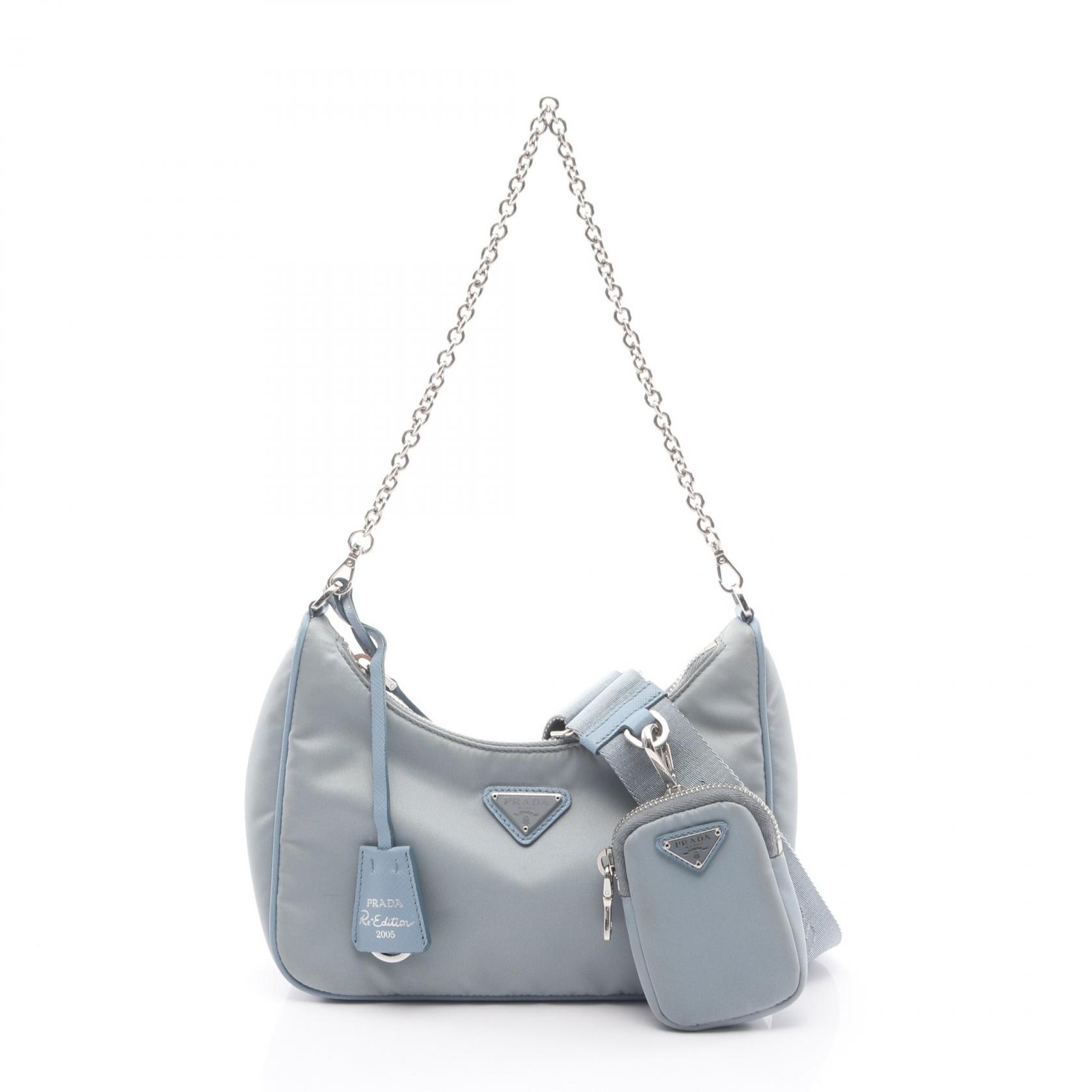 PRADA Re-Edition 2005 chian Shoulder hand Bag 1BH204 Nylon Blue Used Women