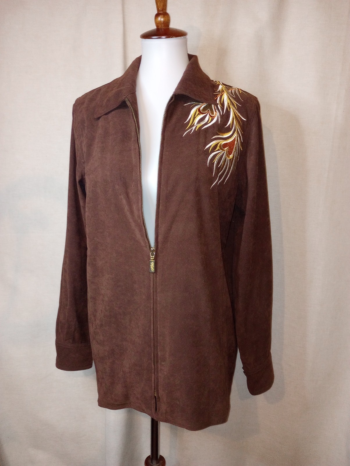 Bob Mackie Vtg Phoenix Wearable Art embroider zip jacket brown faux suede Small