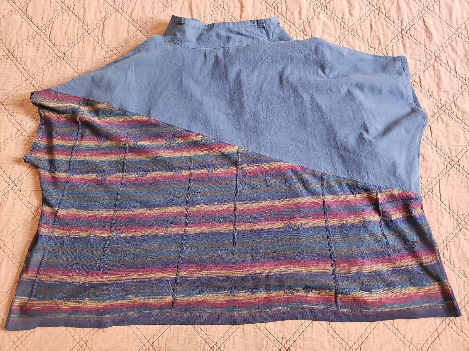 FUGA FUGA O/S Blue/Multi Linen Blend Mixed Media Boxy Cropped Top Mesh