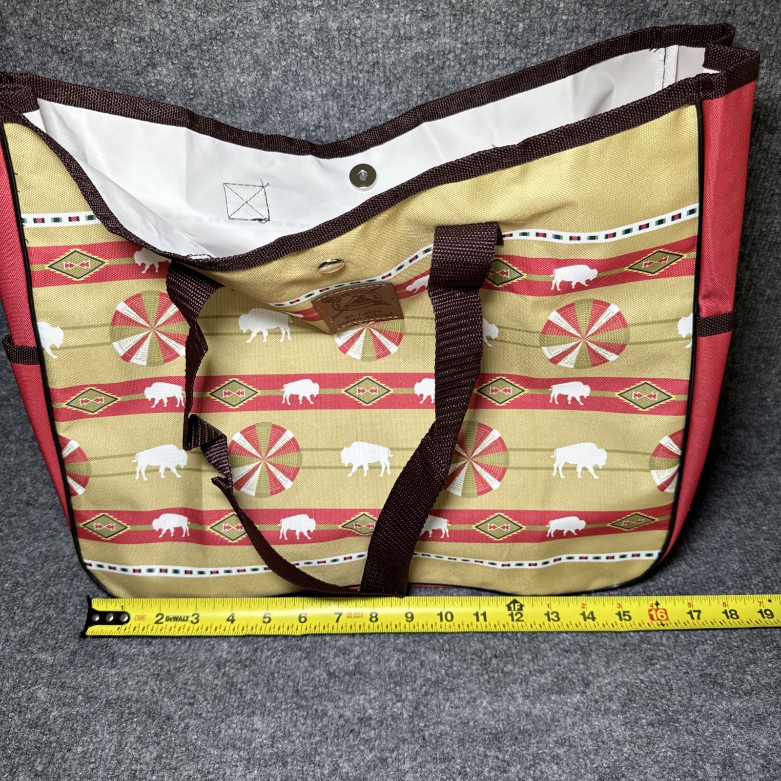 St Labre Indian School Aztec Bison Lunch Tote Bag Red Beige Native American