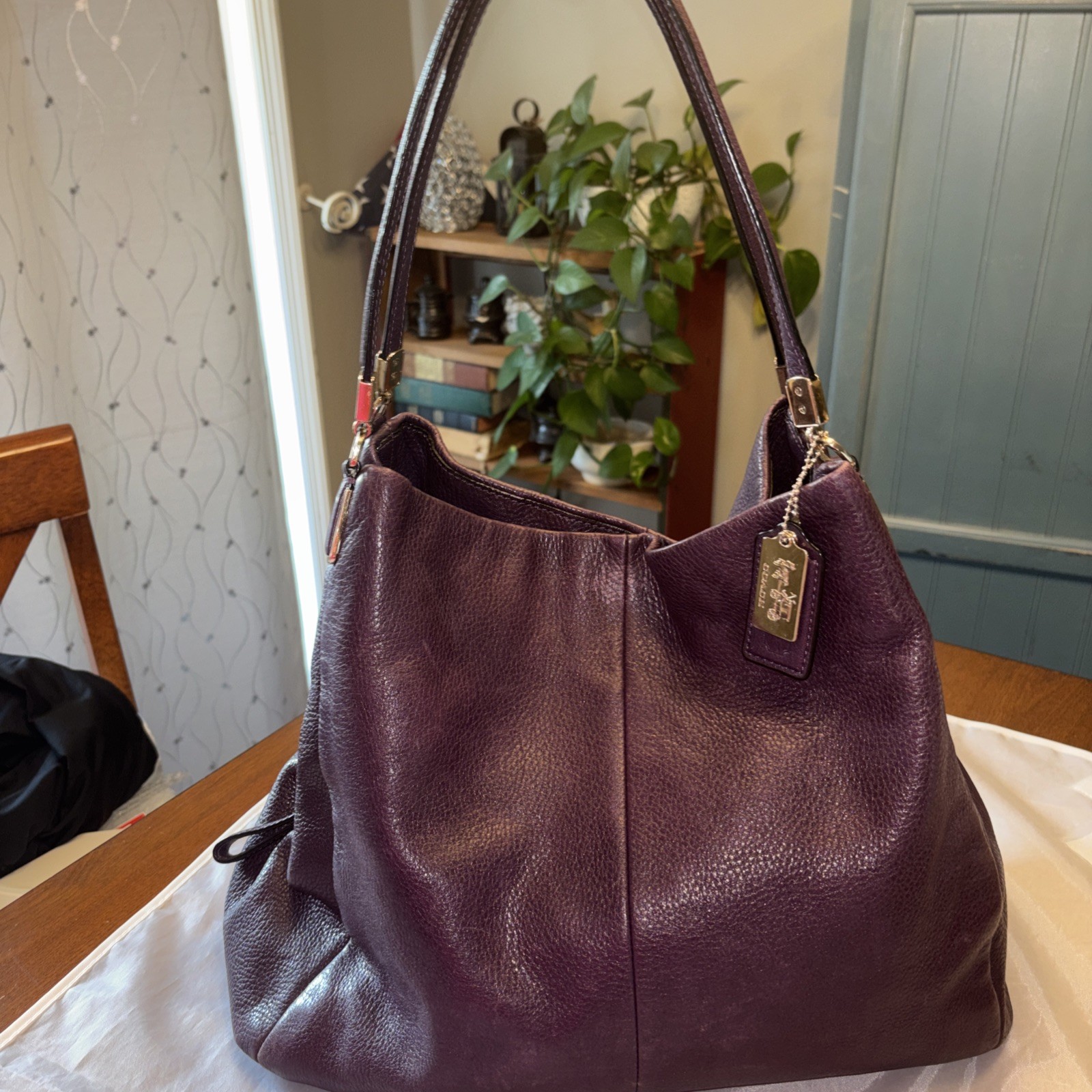 Coach Madison Phoebe Purple Leather Pebbled Shoulder Bag Purse Gold Hardware