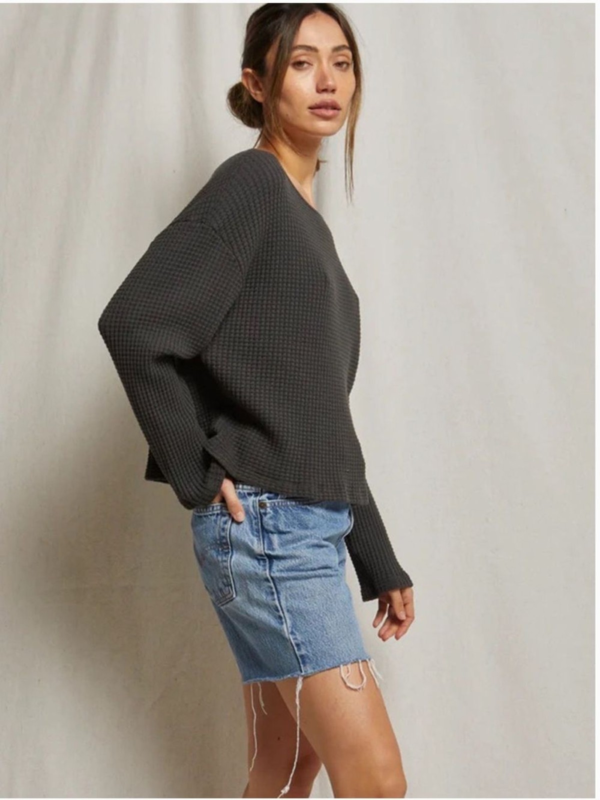 perfectwhitetee Luna Waffle Long Sleeve Top size M