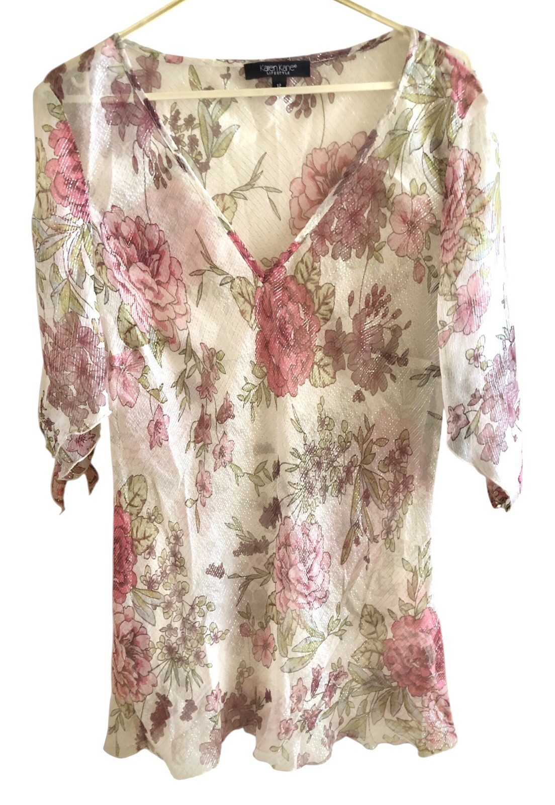 VTG Karen Kane Cami Tunic Top Silk Sheer Floral Shimmer Fairy NWT $108 Size 12