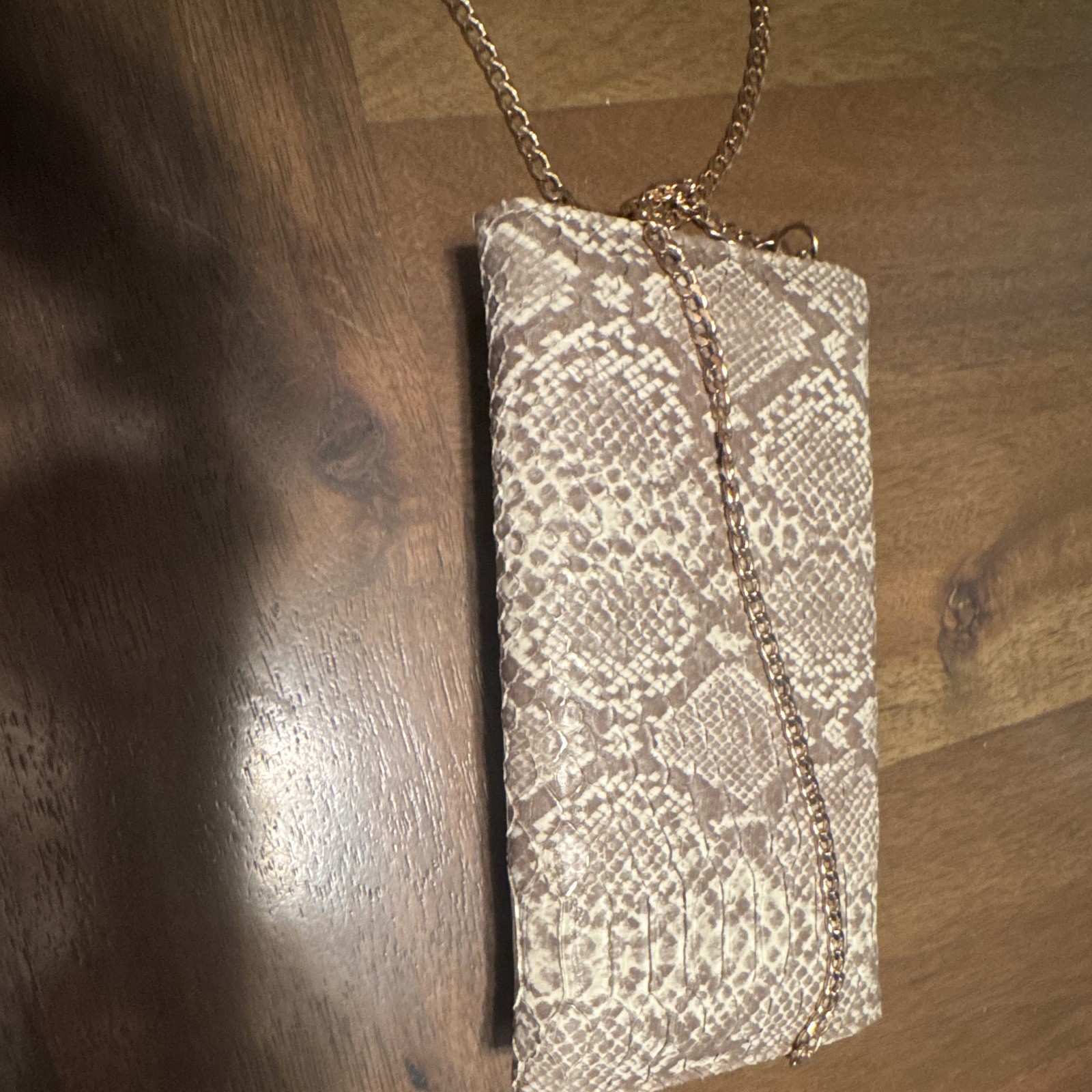 Beige/Brown Snakeskin Animal Print Clutch w/ Gold Chain Strap, Lock, Lined