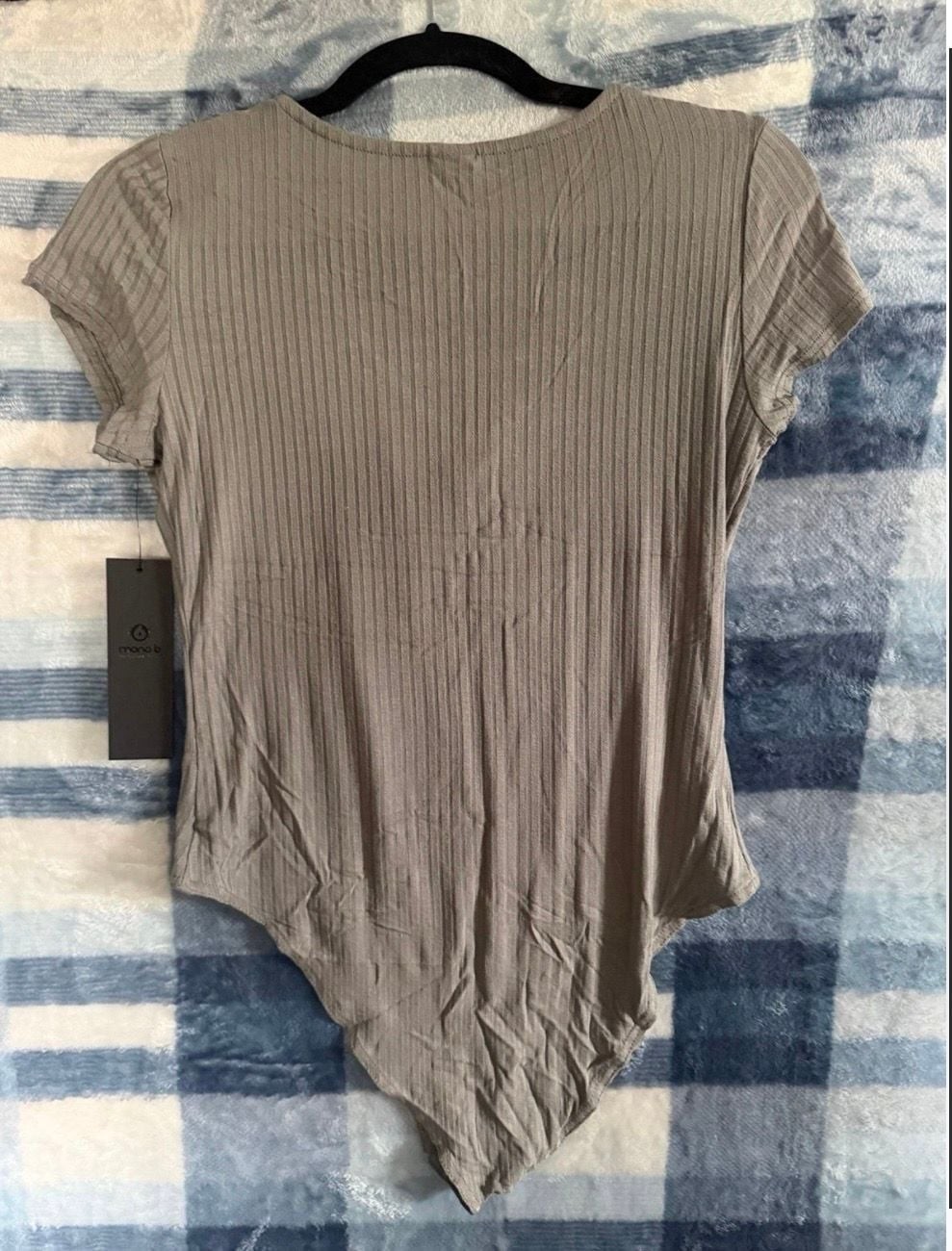 Mono B Taupe Grey Ribbed V-Neck Short Sleeve Bodysuit
