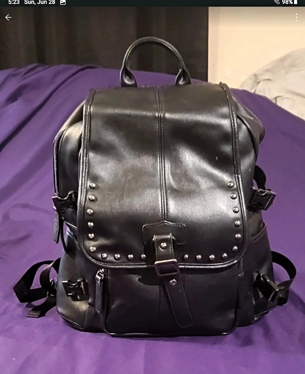 Black Studded Punk Backpack w/ Buckle Flap & Zip, Padded Straps, Top Handle
