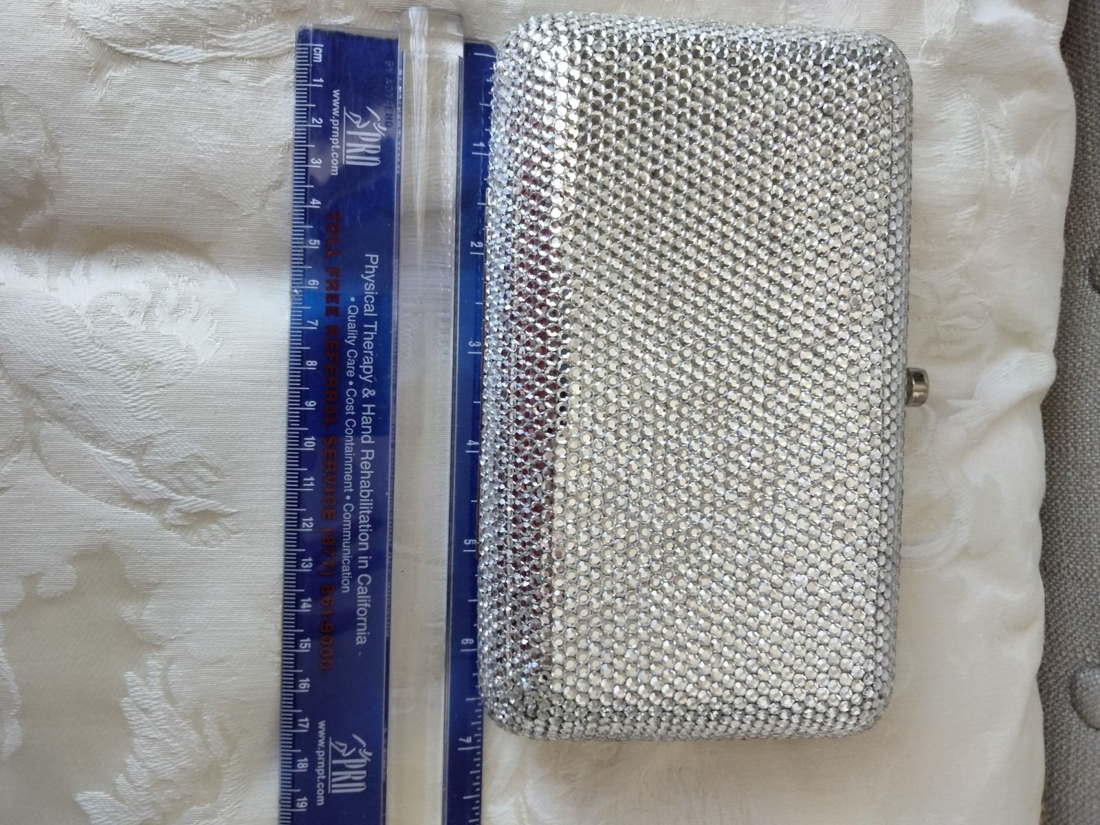 Silver Austrian Crystal Evening Clutch, Detachable Chain Strap, Snap Closure