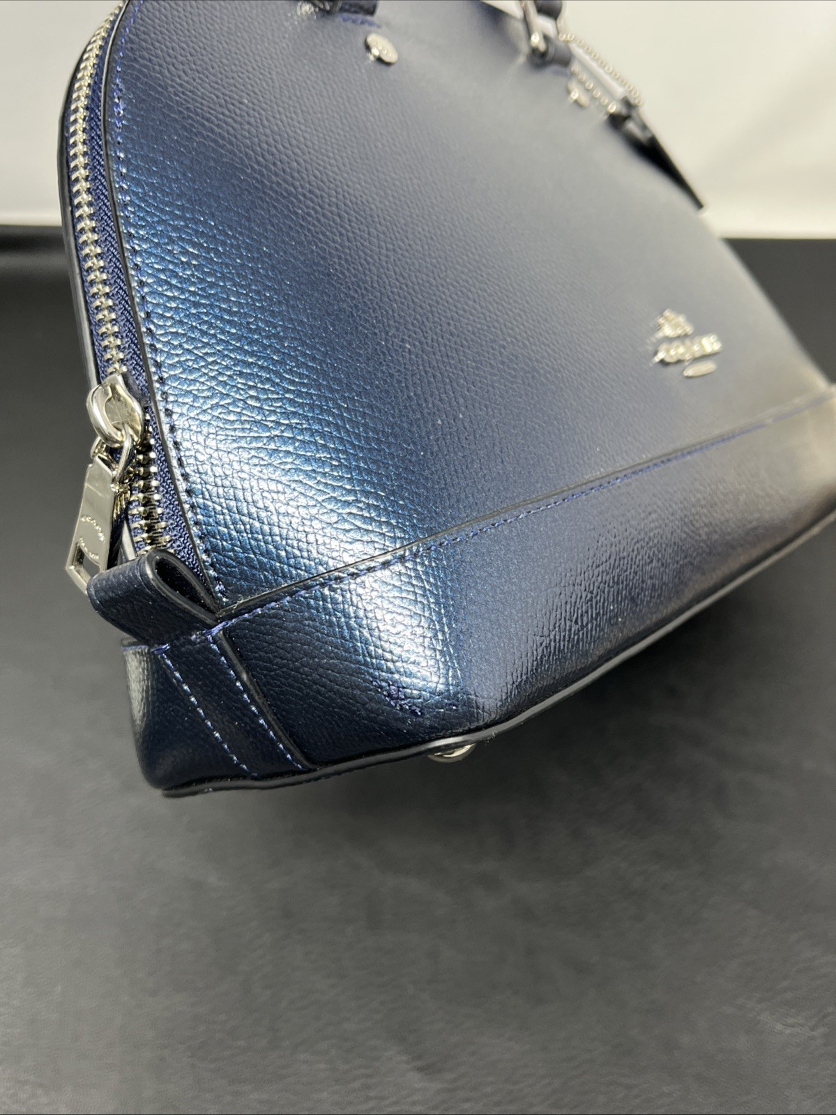 Coach Mini Sierra Satchel handbag Metallic Blue leather Crossbody Flaws