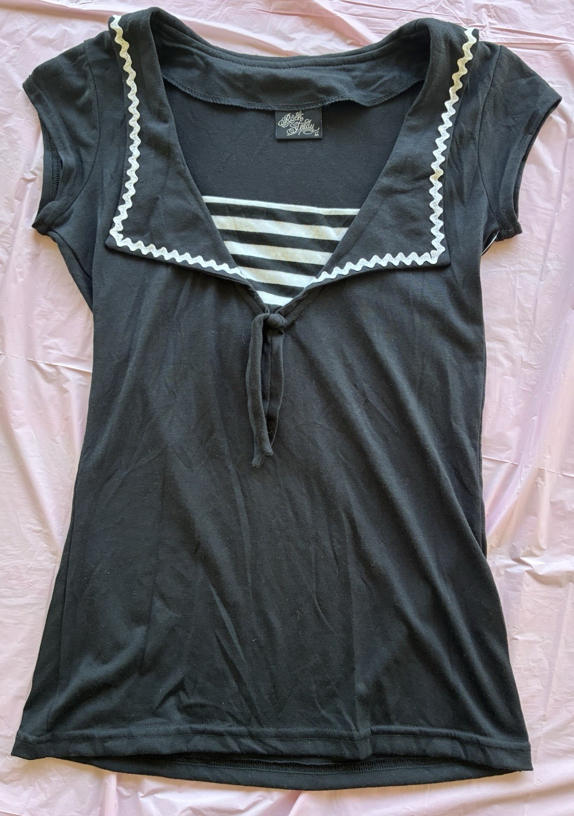 Rock Steady Women’s Shirt Top Striped V-Neck Tie Front Short Sleeve Pinup Sz M