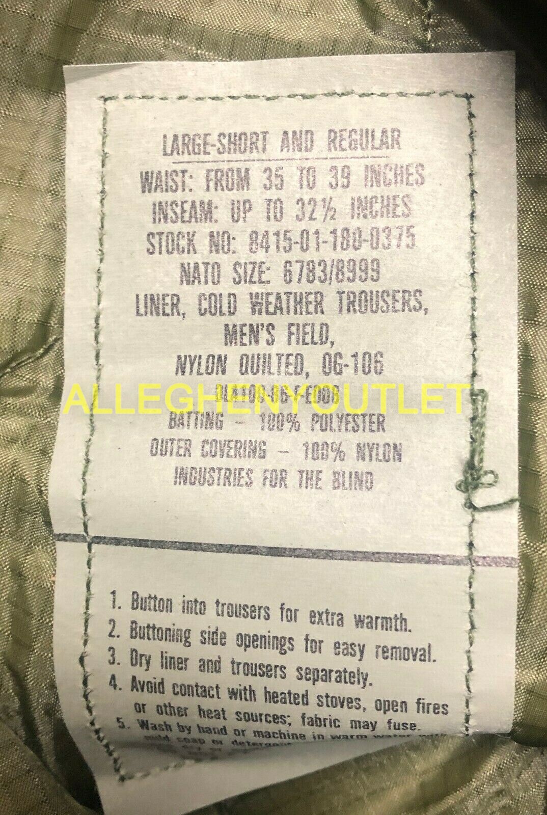 Military Cold Weather Field Pant Liners, M65 OD Green, LARGE Winter Trousers NEW