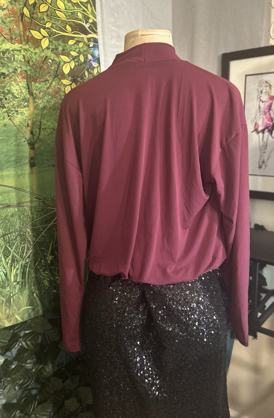 Ann Taylor Factory Burgundy Solid Surplice Wrap V-Neck Long Sleeve Blouse Sz S