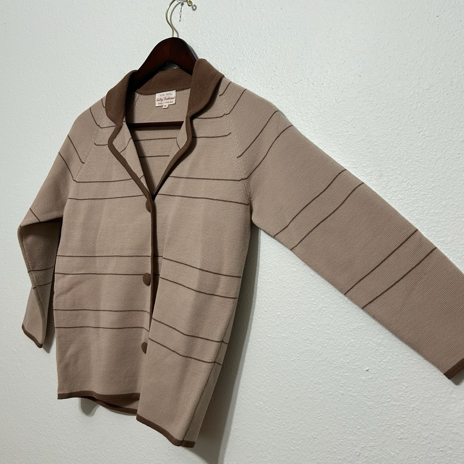Fully Fashioned Tan & Brown 100% Wool Button Up Cardigan Womens Size 10