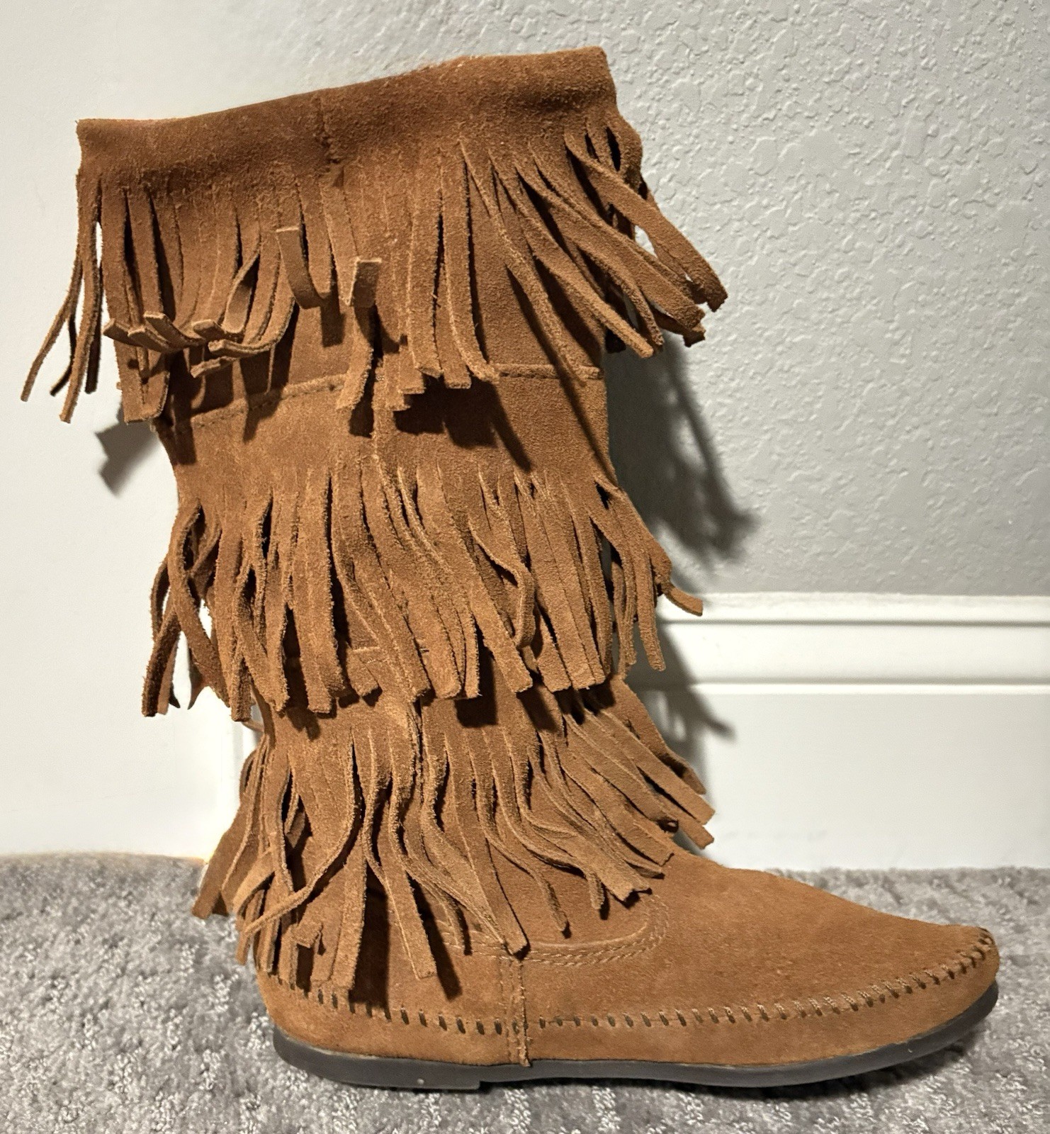 Minnetonka 1632 Women’s Brown Suede Fringe Mid-Calf Pull-On Boots US 7 M