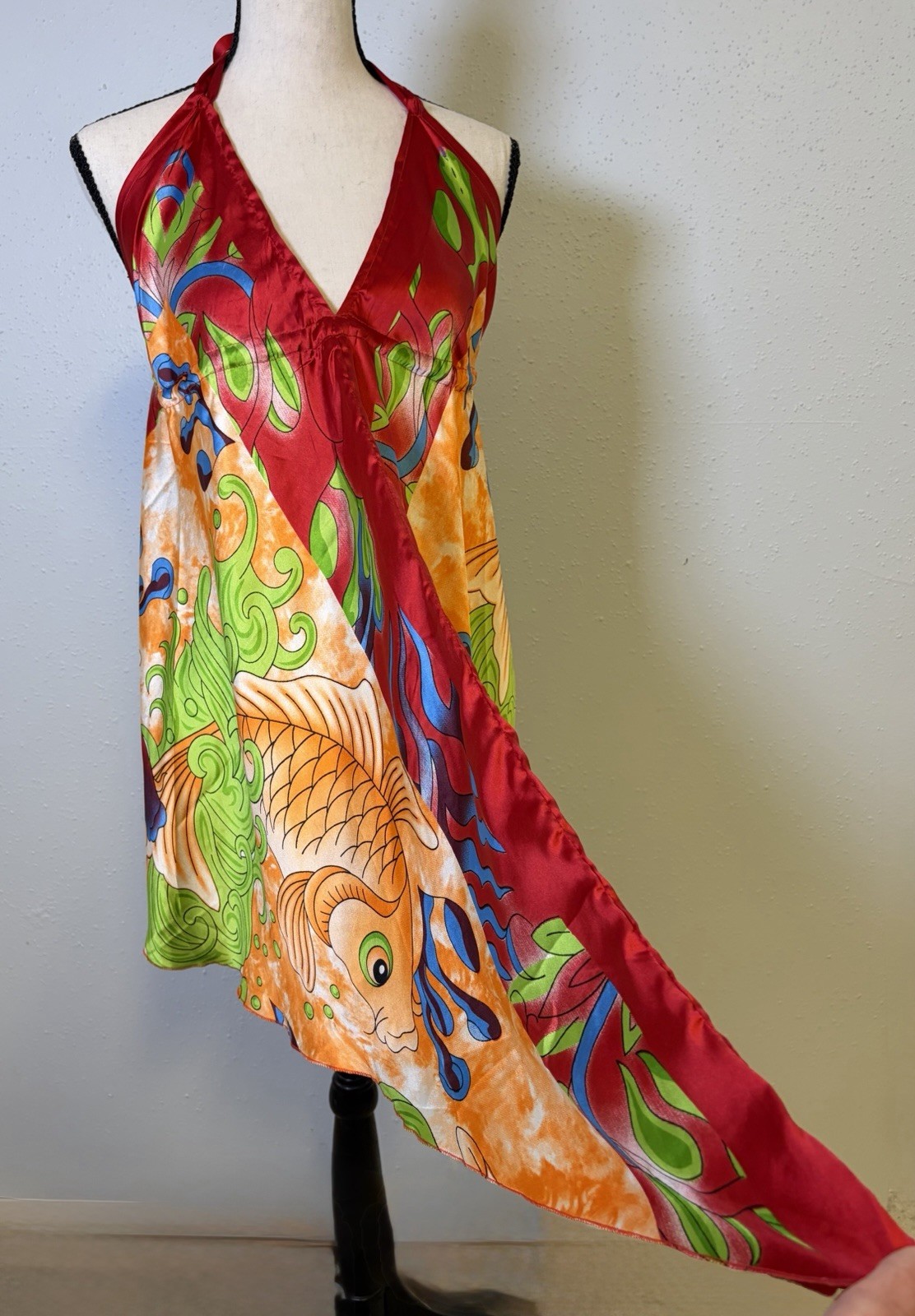 India Boutique Vibrant Flowy Koi Fish Print Halter Mini Dress One Sz Bohemian