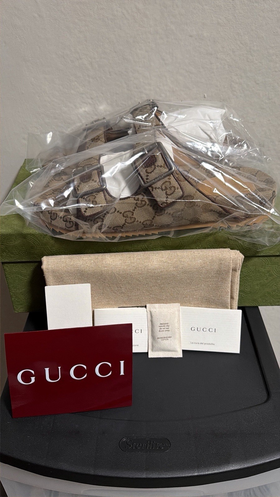 Gucci Strap Slide Sandals In Beige/Ebony GG Canvas Size US 10.5/UK 10 Authentic
