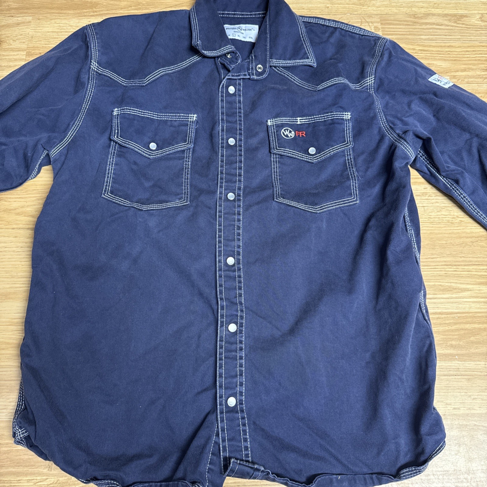 Western Welder Work Shirt Pearl Snap Triple Stitched FR Size Large Blue