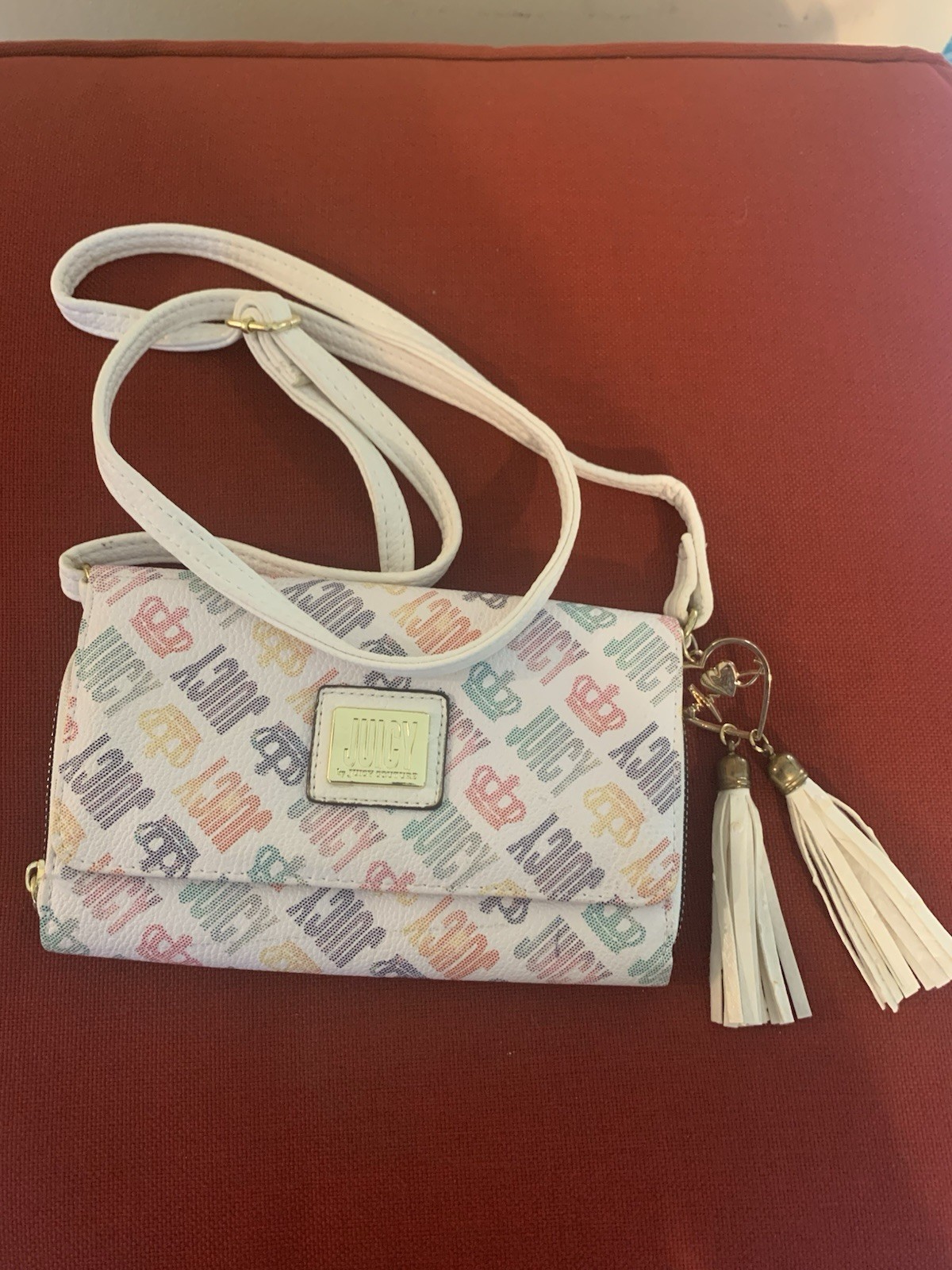 Juicy Couture White Multicolor Logo Zip-Around Wristlet Wallet w/ Tassel