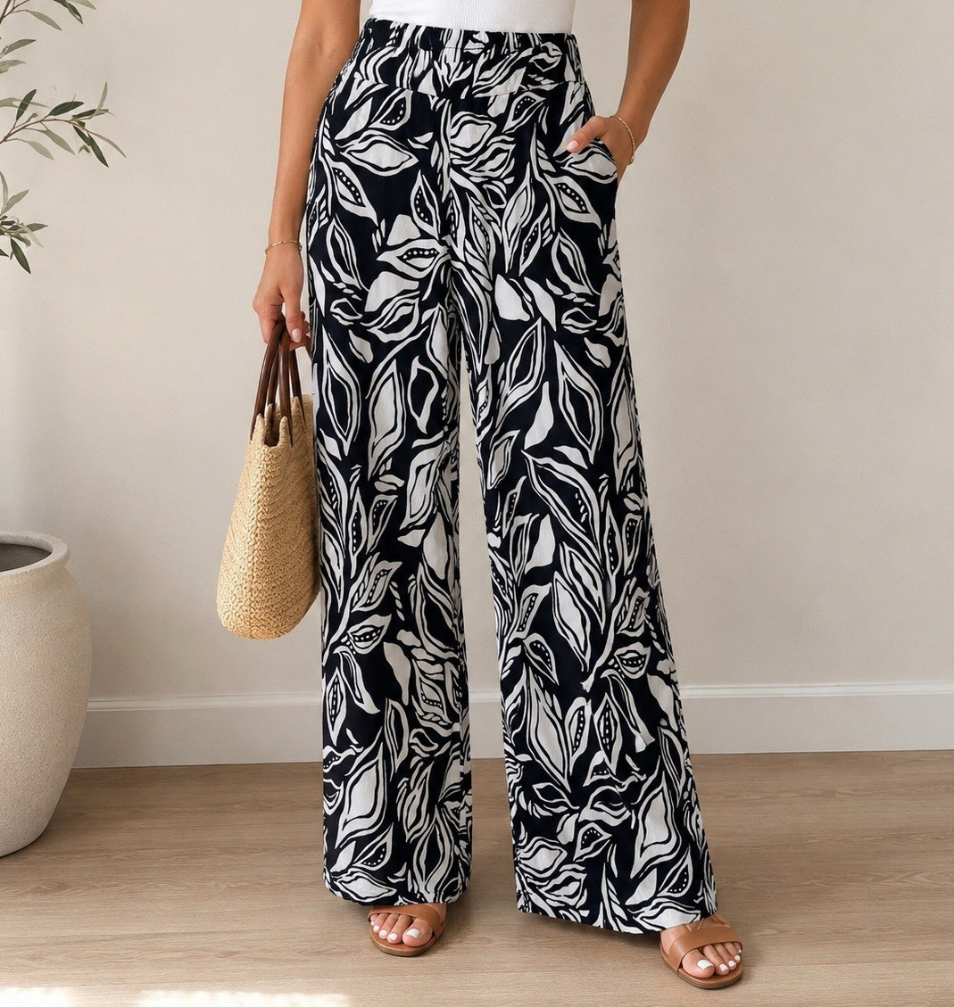Women’s Black & White Floral Wide-Leg Pants High Rise Waist Pockets