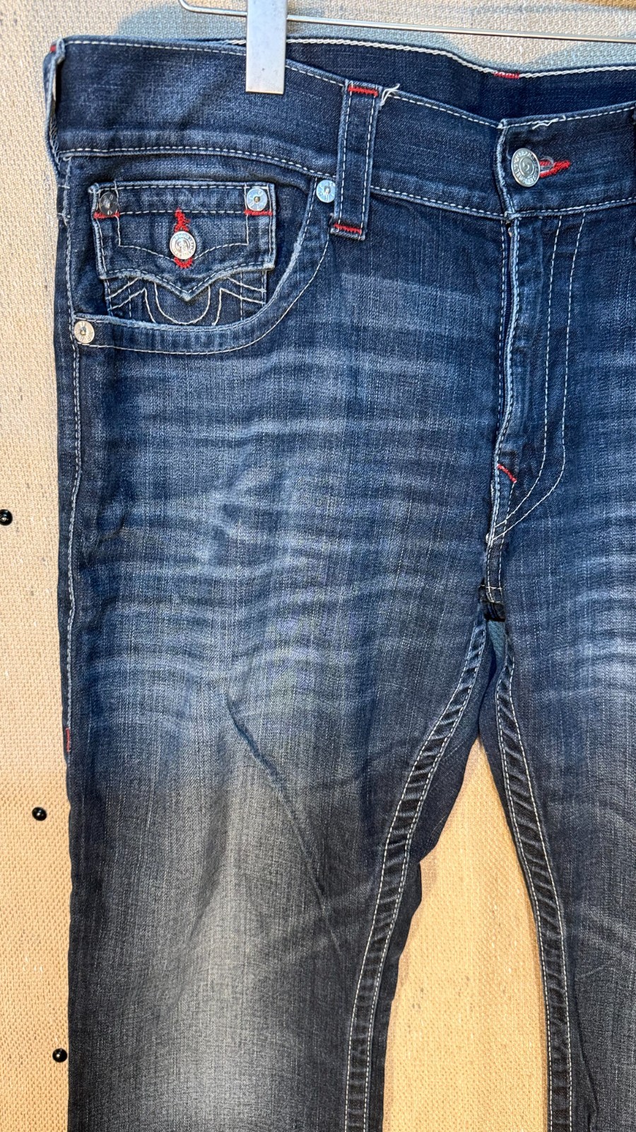 True Religion Straight Flap Red Stitch Dark Wash Jeans Mens 36×27