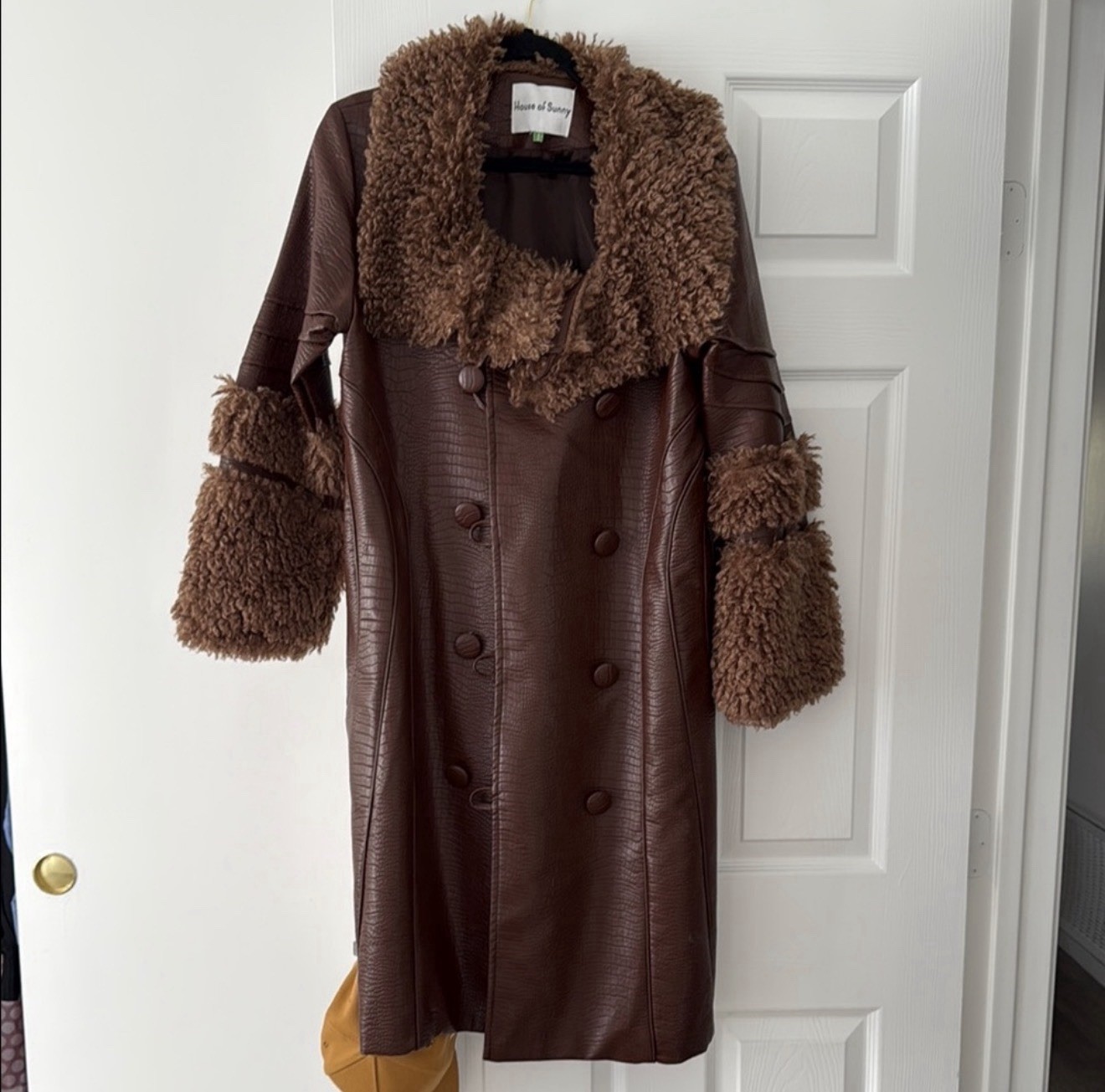 House of Sunny Women’s Brown Faux Leather Croc Coat Faux Fur Trim Long S