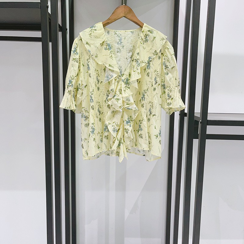 DOEN Floral Print Puff Sleeve Blouse V Neck Tie Front