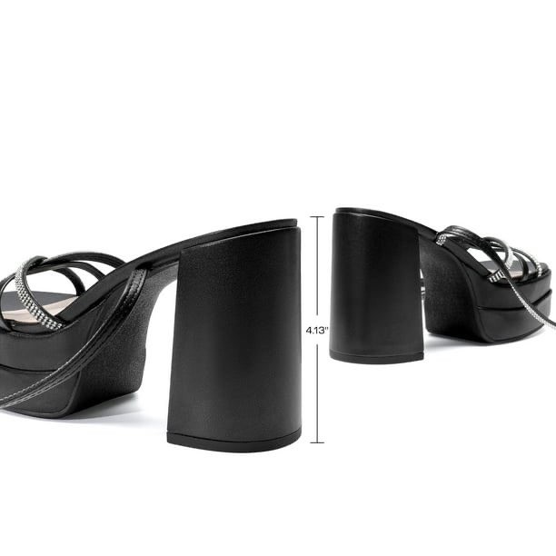 Burudani Womens Black Rhinestone Strappy Platform Block Heel Sandals Size 6.5
