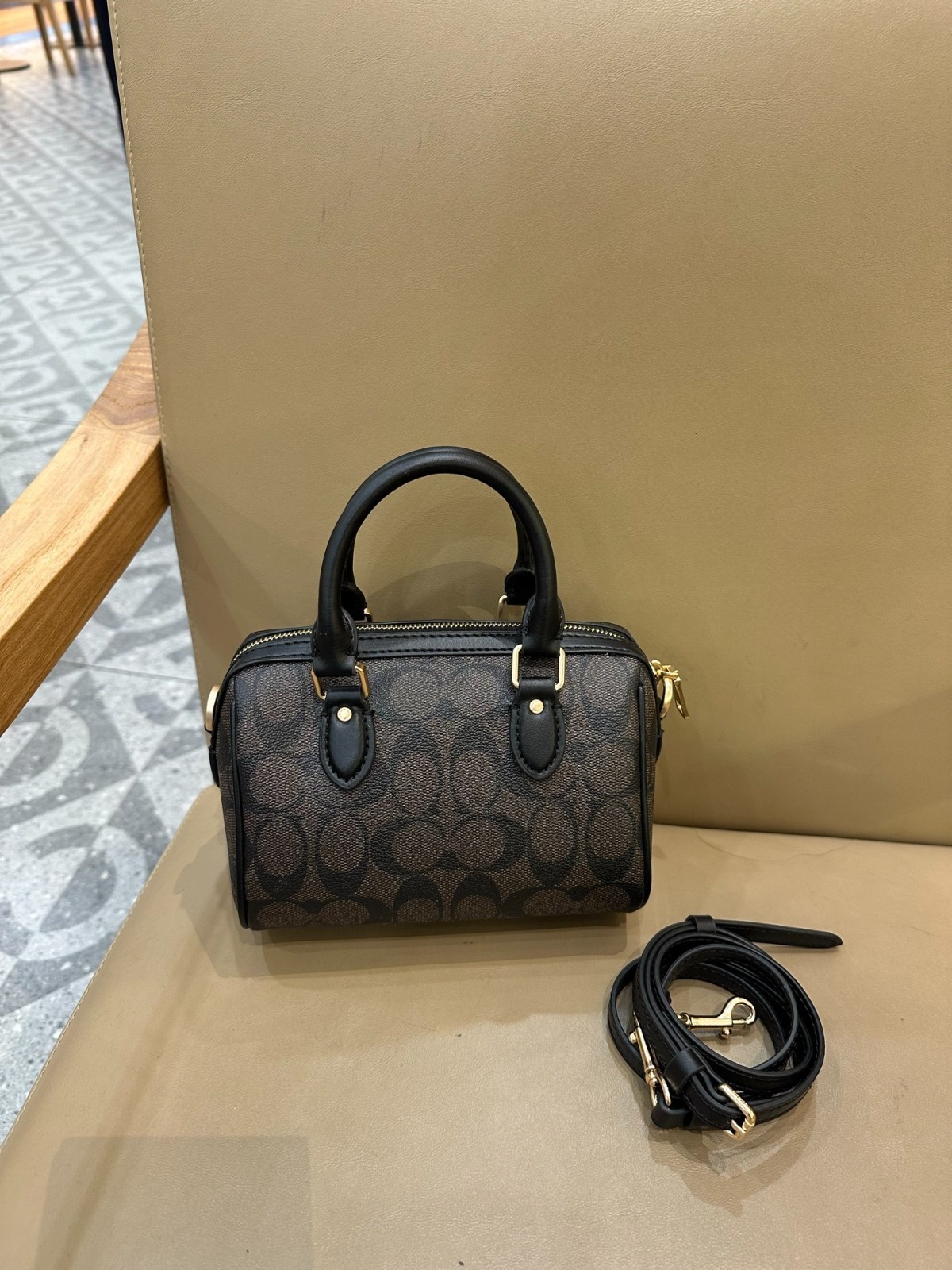 COACH Mini Rowan Crossbody CW329 Signature Canvas Walnut Black Bag Outlet New