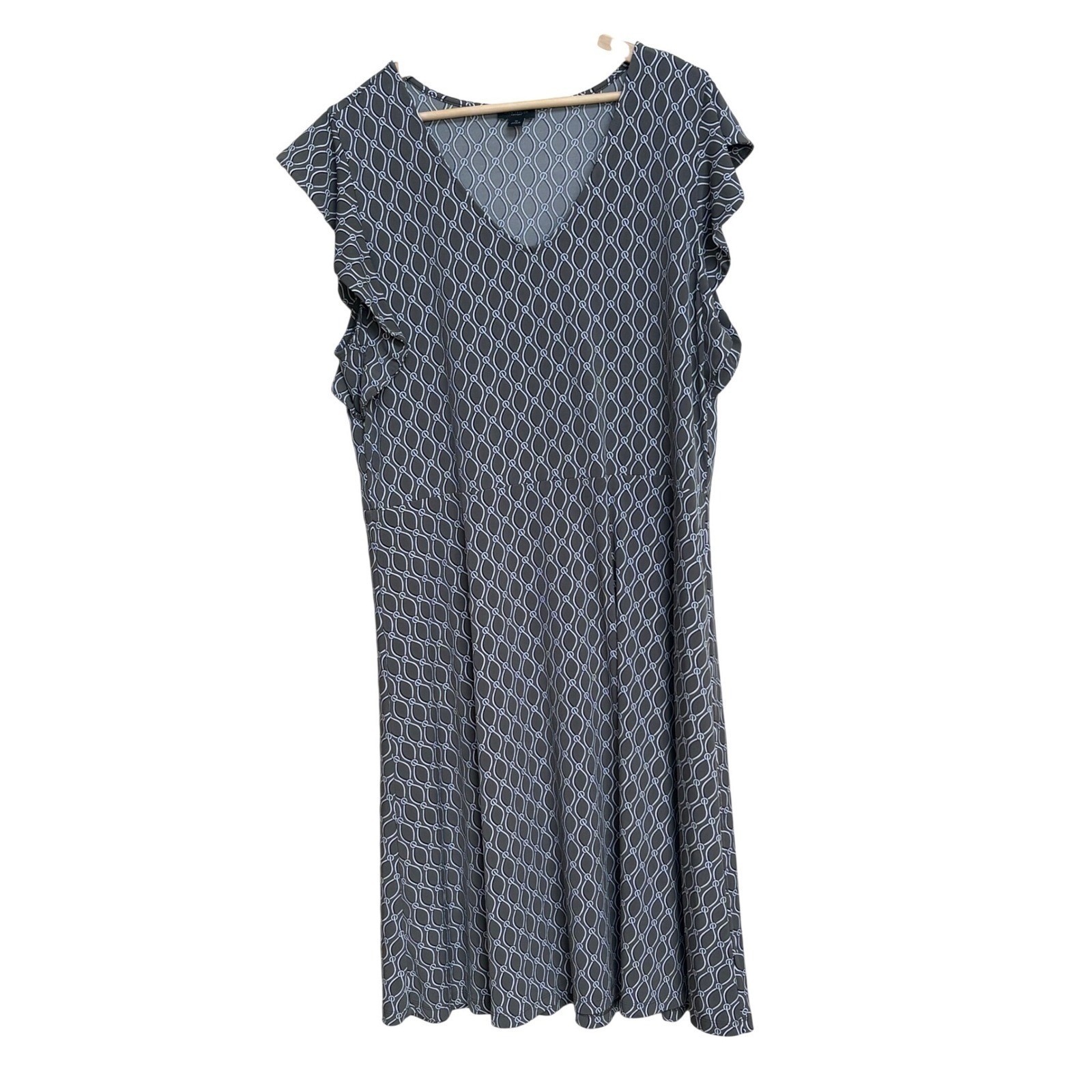 Ann Taylor Factory Gray White Geometric Link Print Flutter Sleeve Midi Dress XL