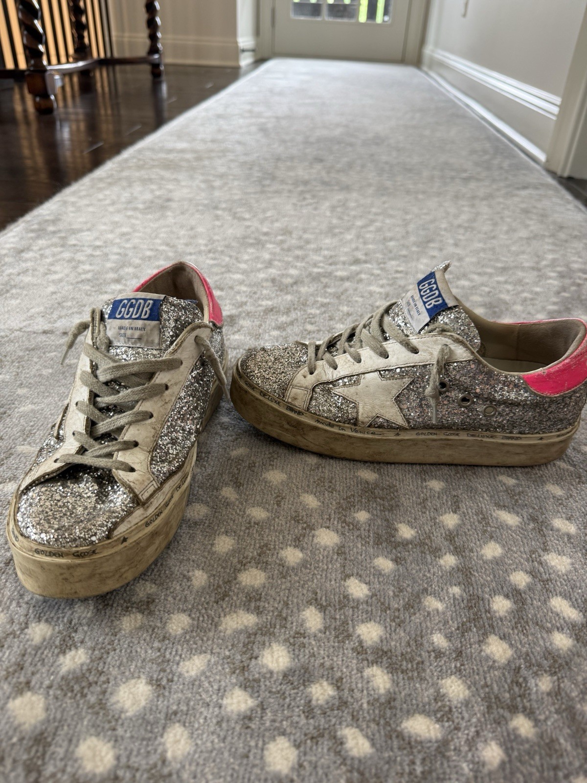 Golden Goose Hi Star Silver Glitter Sneaker White Star Pink Heel EU 37 US 7