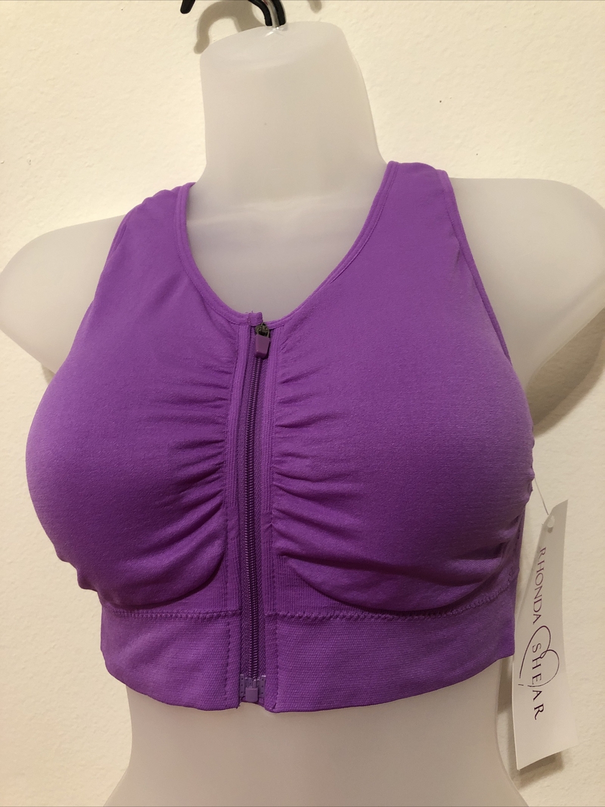 NWT Rhonda Shear Purple Zip Front Sports Bra 1612 Size M Wire Free Comfort Fit