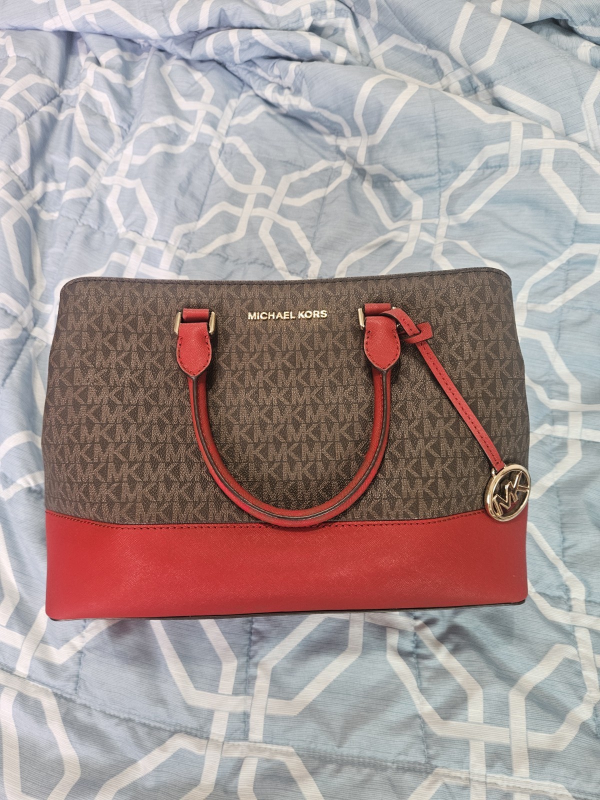 Michael Kors Savannah Signature Satchel Purse Brown Red Wine Gold