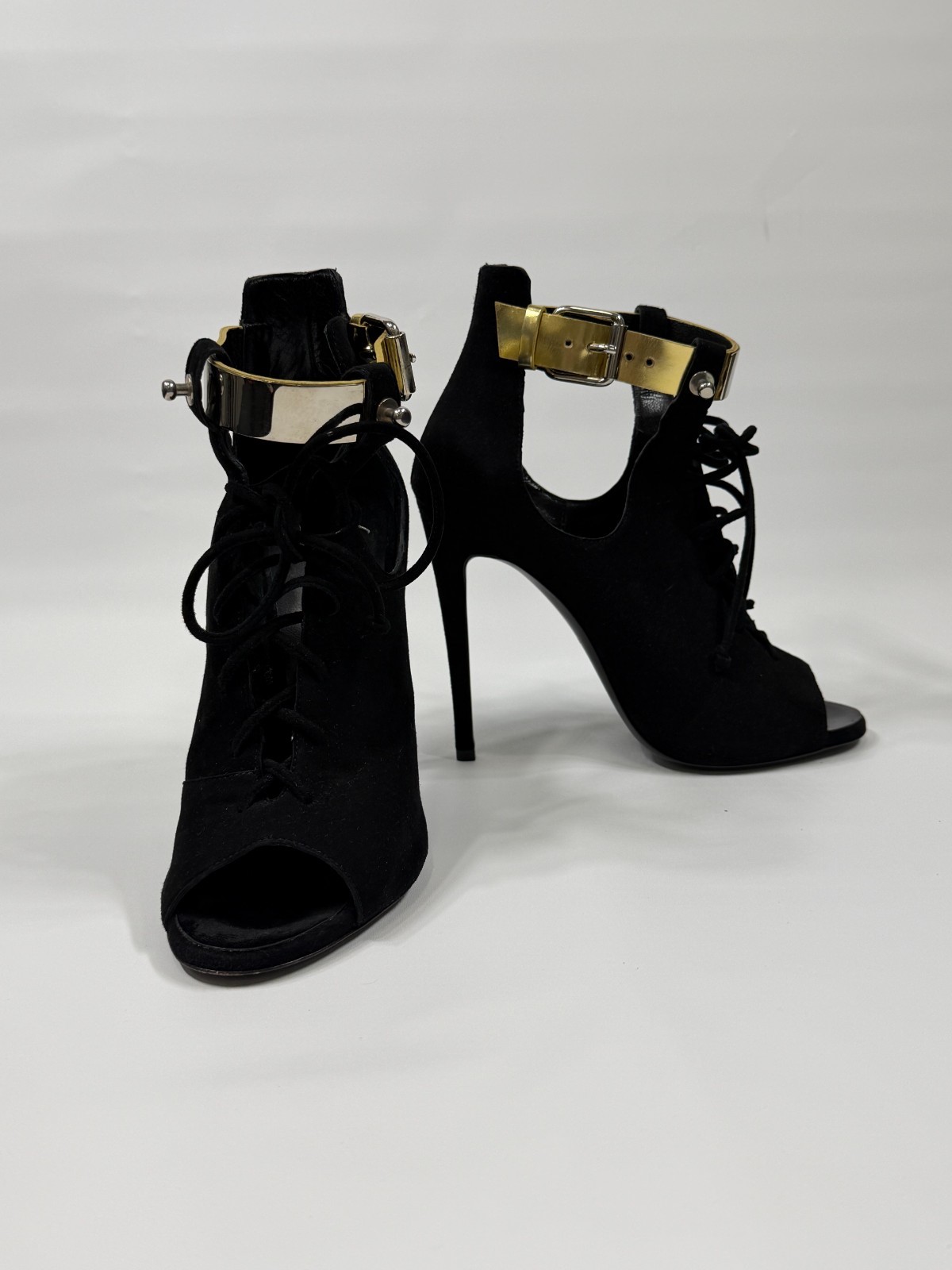 Giuseppe Zanotti x Anja Rubik Black Suede Lace Up Peep Toe Heels Gold Strap 37