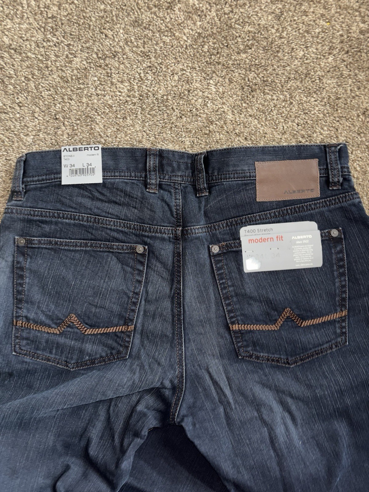 ALBERTO STONE Jeans Blue Denim Dark Wash Modern Fit Stretch Mens 34×34
