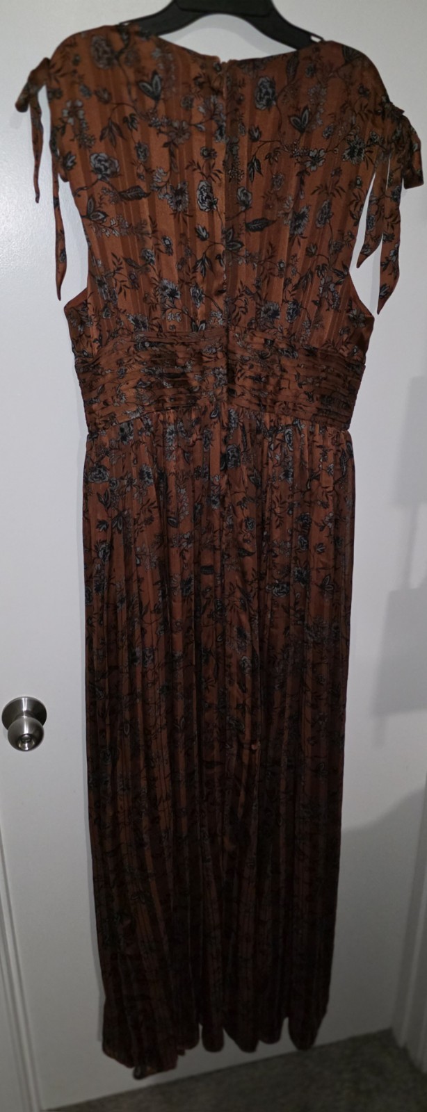 Sugarlips Brown Floral Chiffon Maxi Dress V-Neck Puff Sleeve Ruffle Zip L