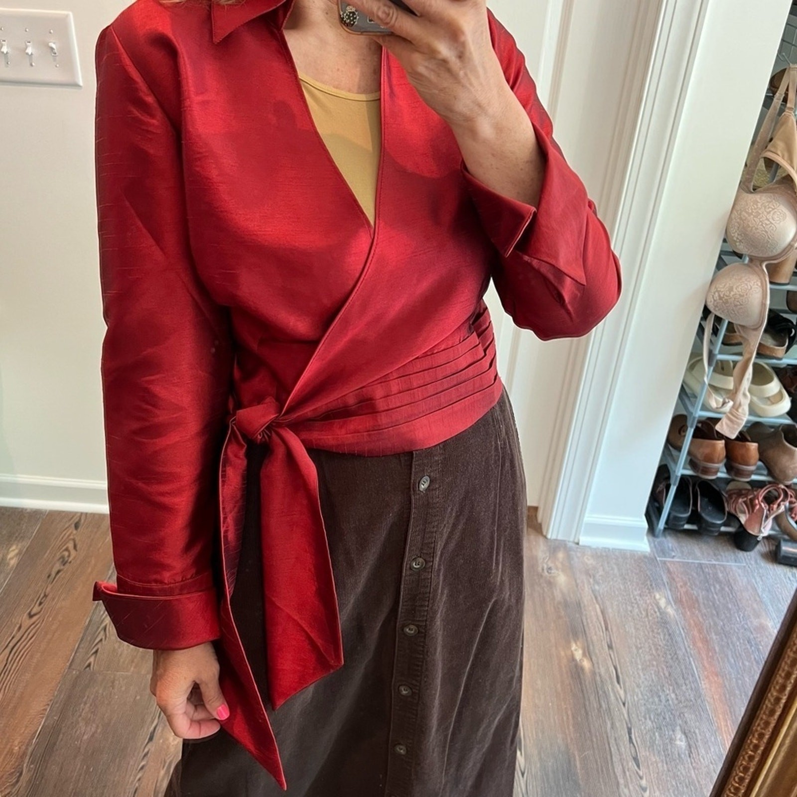 Coldwater creek faux silk deep red wrap top size small red the color