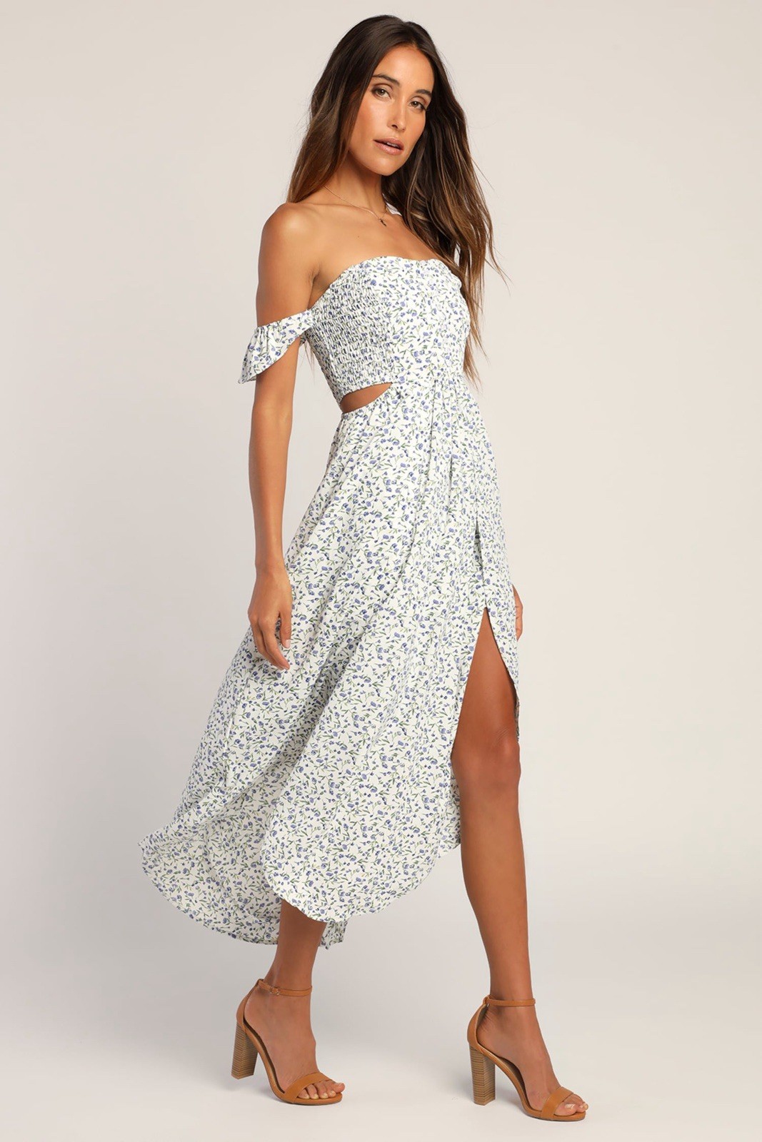 Lulus Midi Dress M White Blue Green Floral Off Shoulder Smocked High-Low