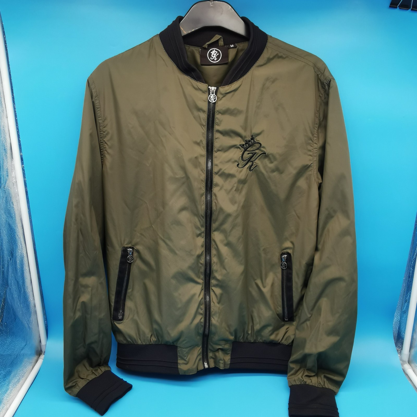 Gym King Mens Bomber Jacket Khaki Green Black Trim Size Medium GK Logo Coat