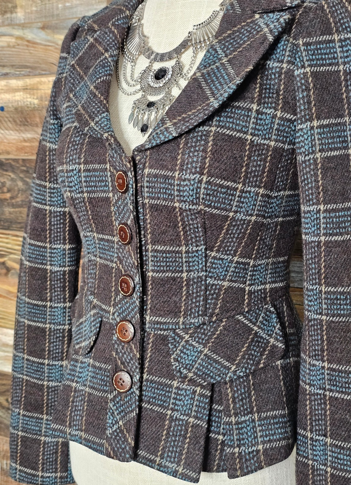 Nanette Lepore Wool Leather Buttons & Sleeve Cuff Rear Ruffles Blazer Jacket 2