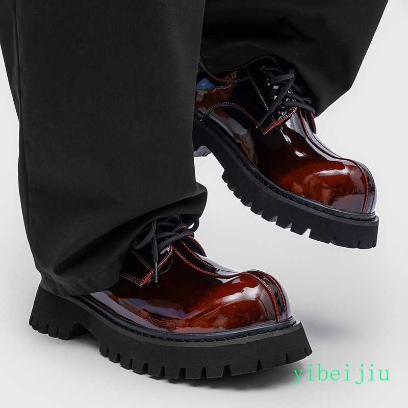 Men’s Retro Big Round Toe Business Derby Leather Shoes Thick Sole Brogues Gothic