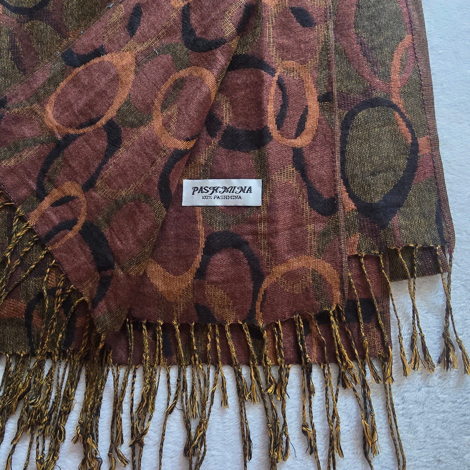 Pashmina 100% Pashmina Scarf Wrap Burgundy Copper Geometric Circle Fringe Shawl