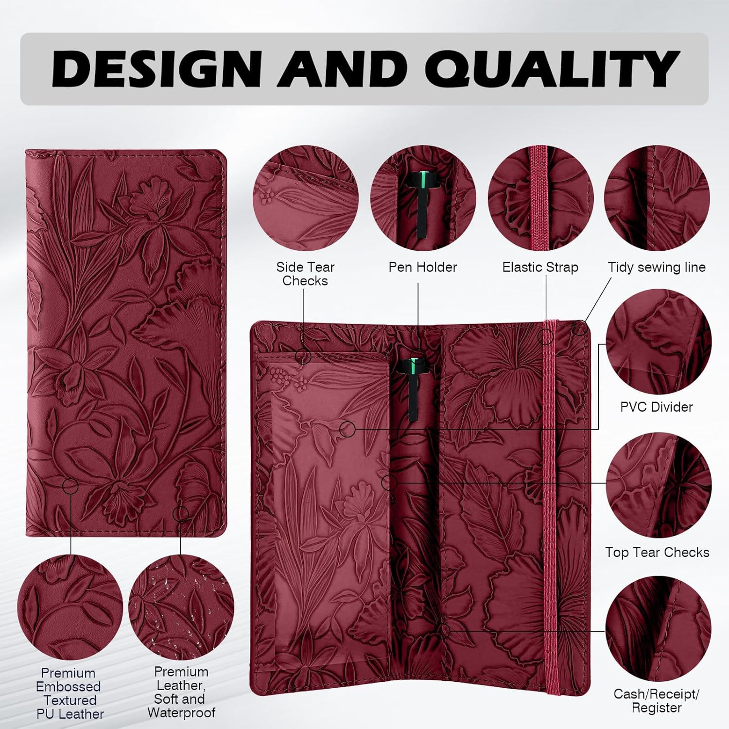 Checkbook Cover for Personal Checkbook，Soft PU Leather with a Detailed Embossed