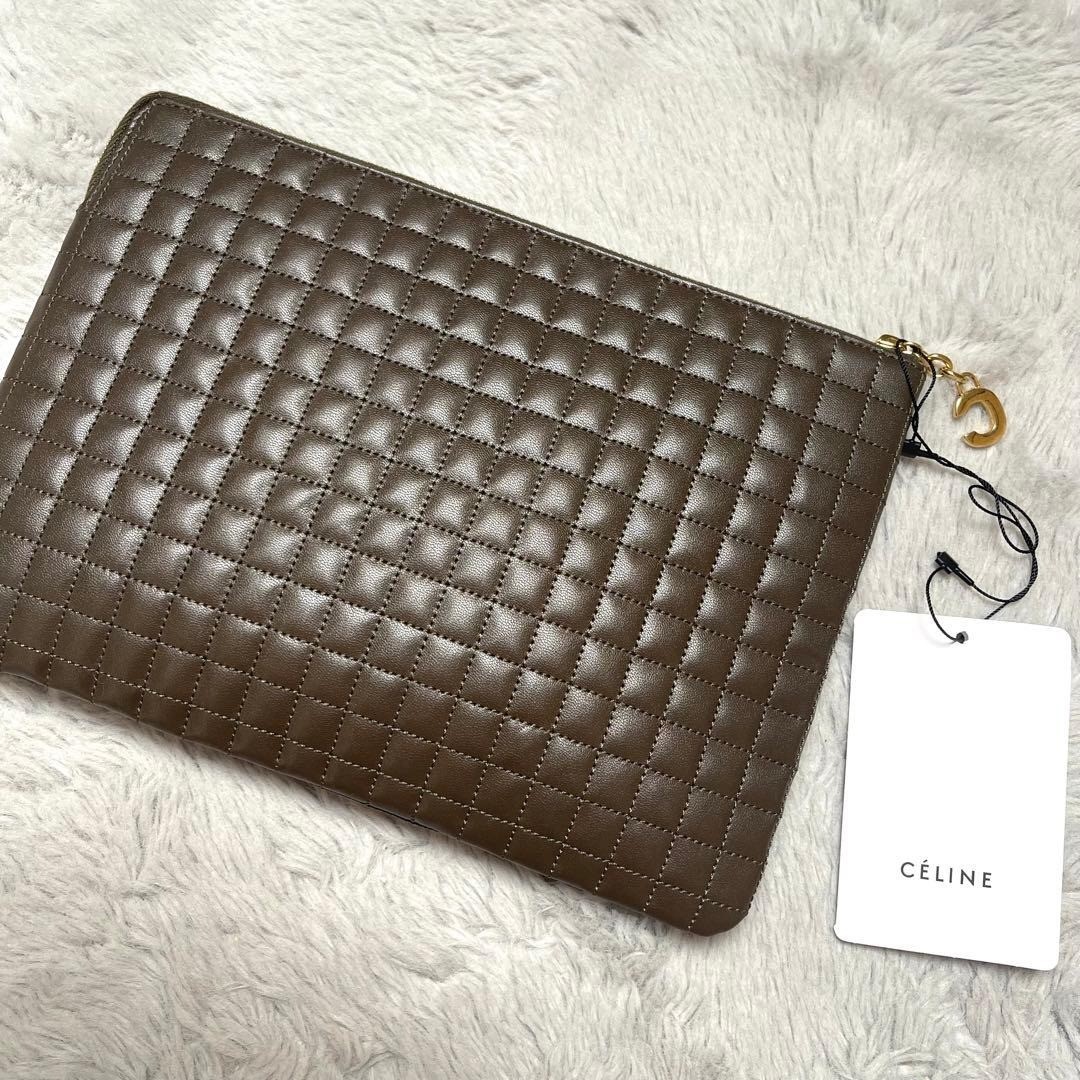 CELINE Clutch Bag Khaki Quilted Leather C Charm Pouch Gold Hardware Unused