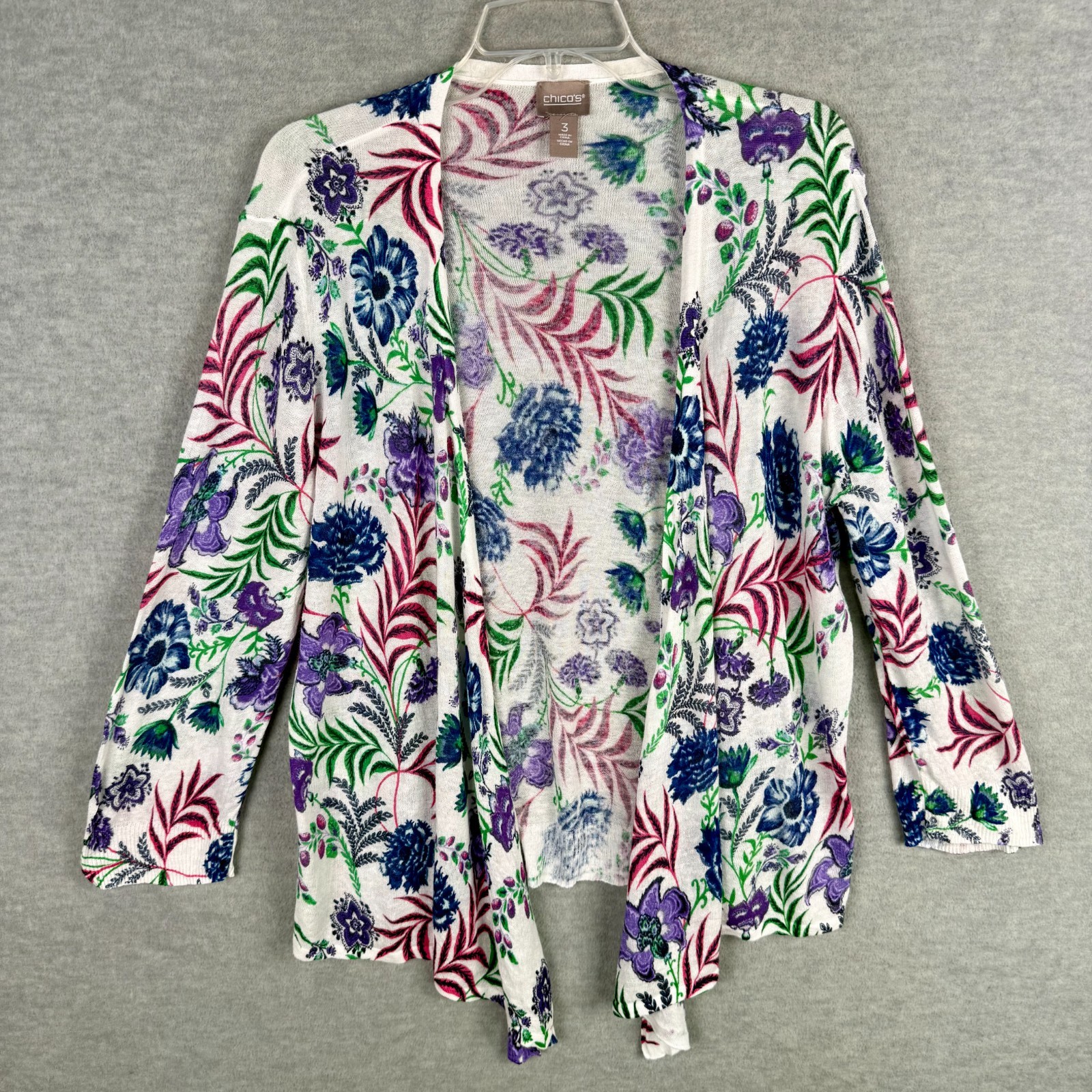 Chico’s 3 XL Lightweight Open Cardigan Ramie Rayon White Floral Tie Front