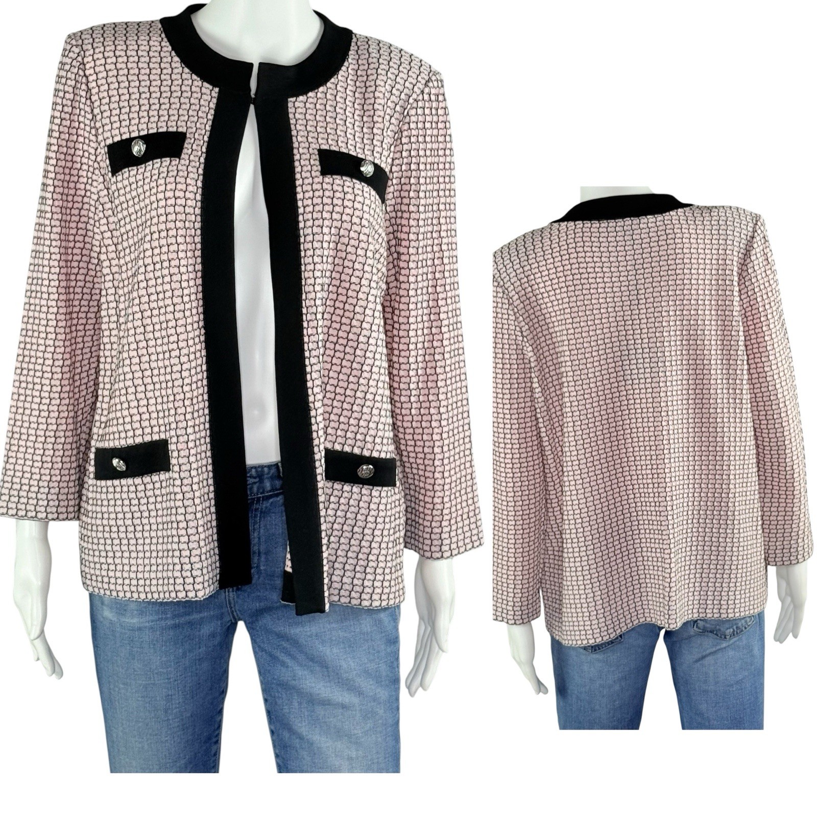 NWT Ming Wang Pale Pink & Black Knit Cardigan Sweater Jacket Top Heritage Fit M