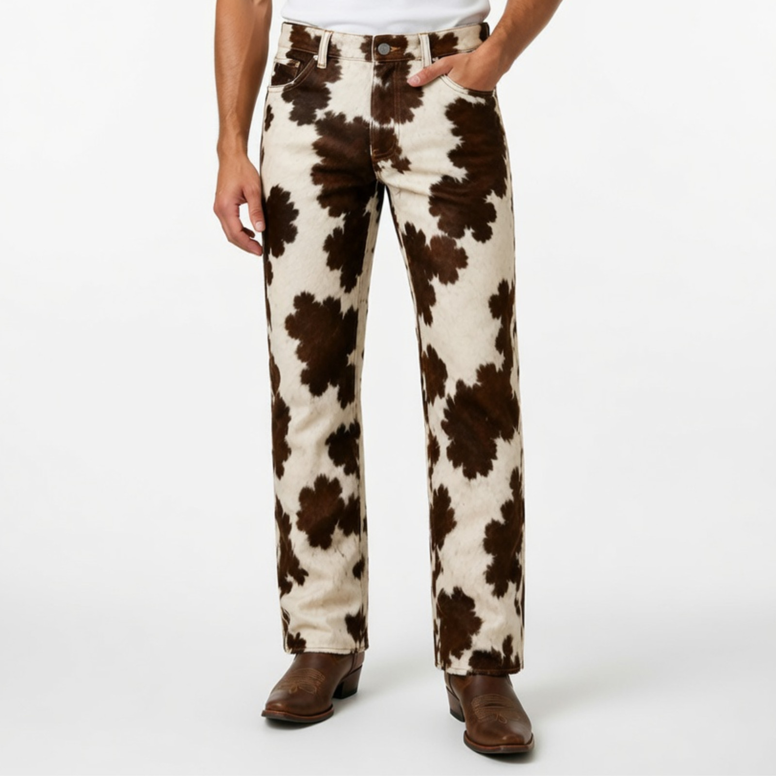 Men’s Genuine Cowhide Leather Flare Pants – Hair-On Cow Print Western Style