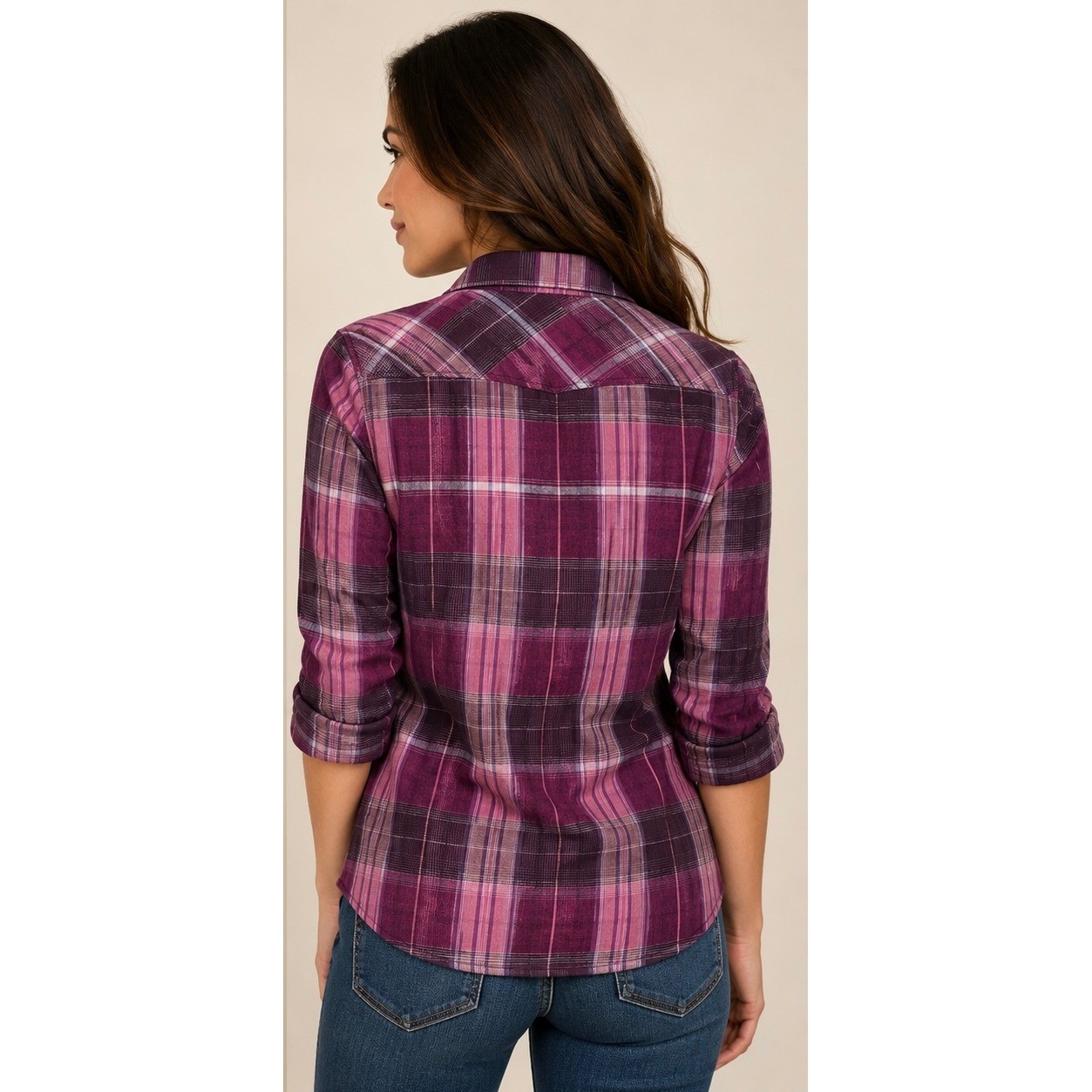 Harley-Davidson Womens Small Purple Plaid Linen Blend Roll Tab Button Down Shirt