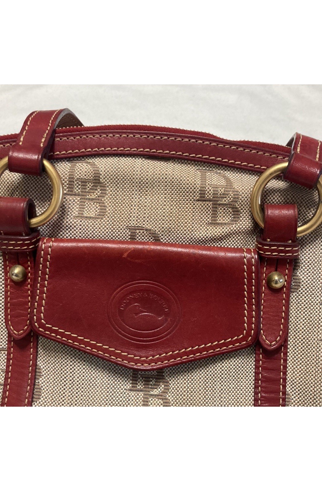 Dooney & Bourke Monogram Satchel Top Handle Zip Tassel Red Lined Gold