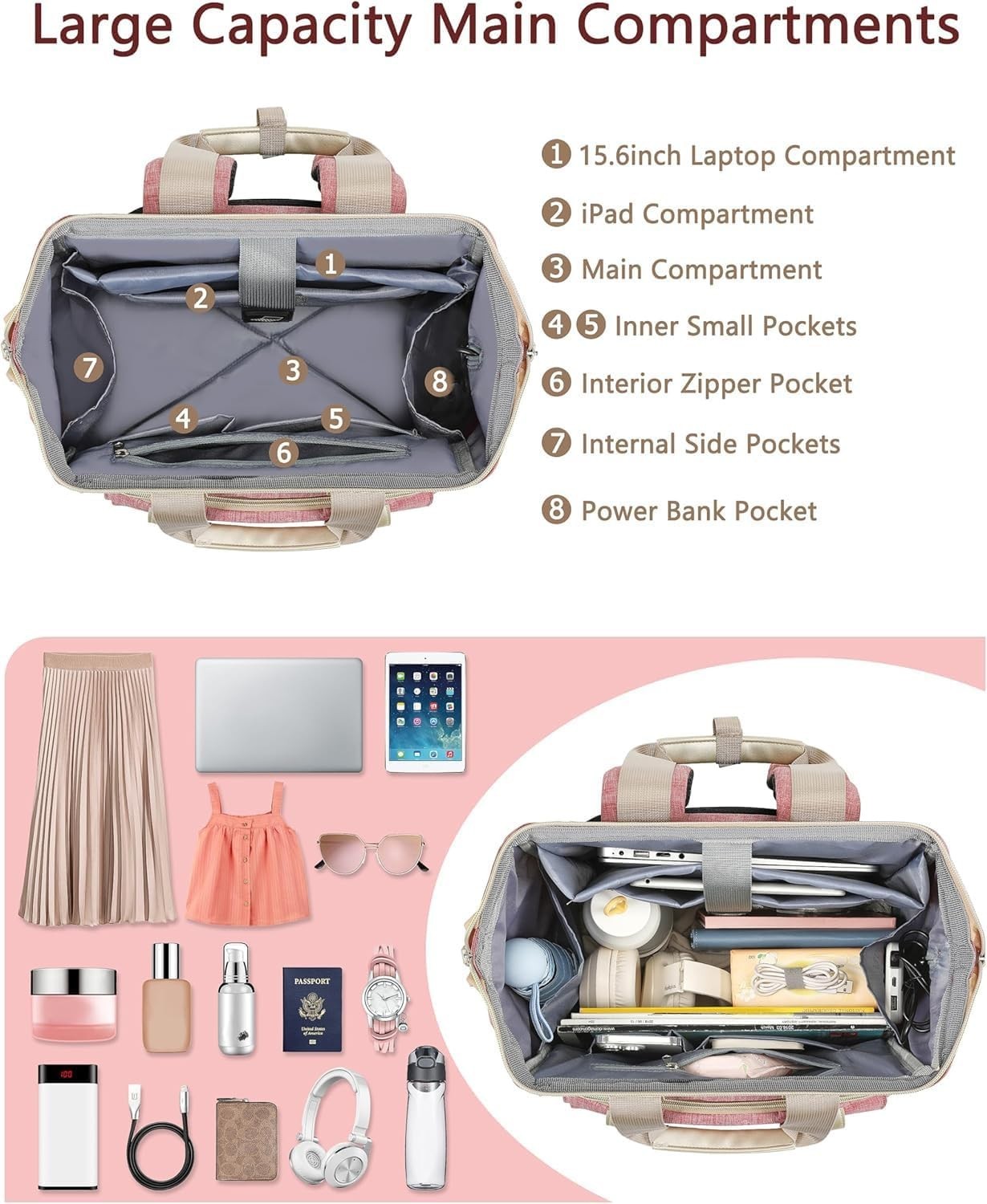 FALANKO Backpack for Women,Wide Open Work Large Student Bookbag for 15.6 Inch
