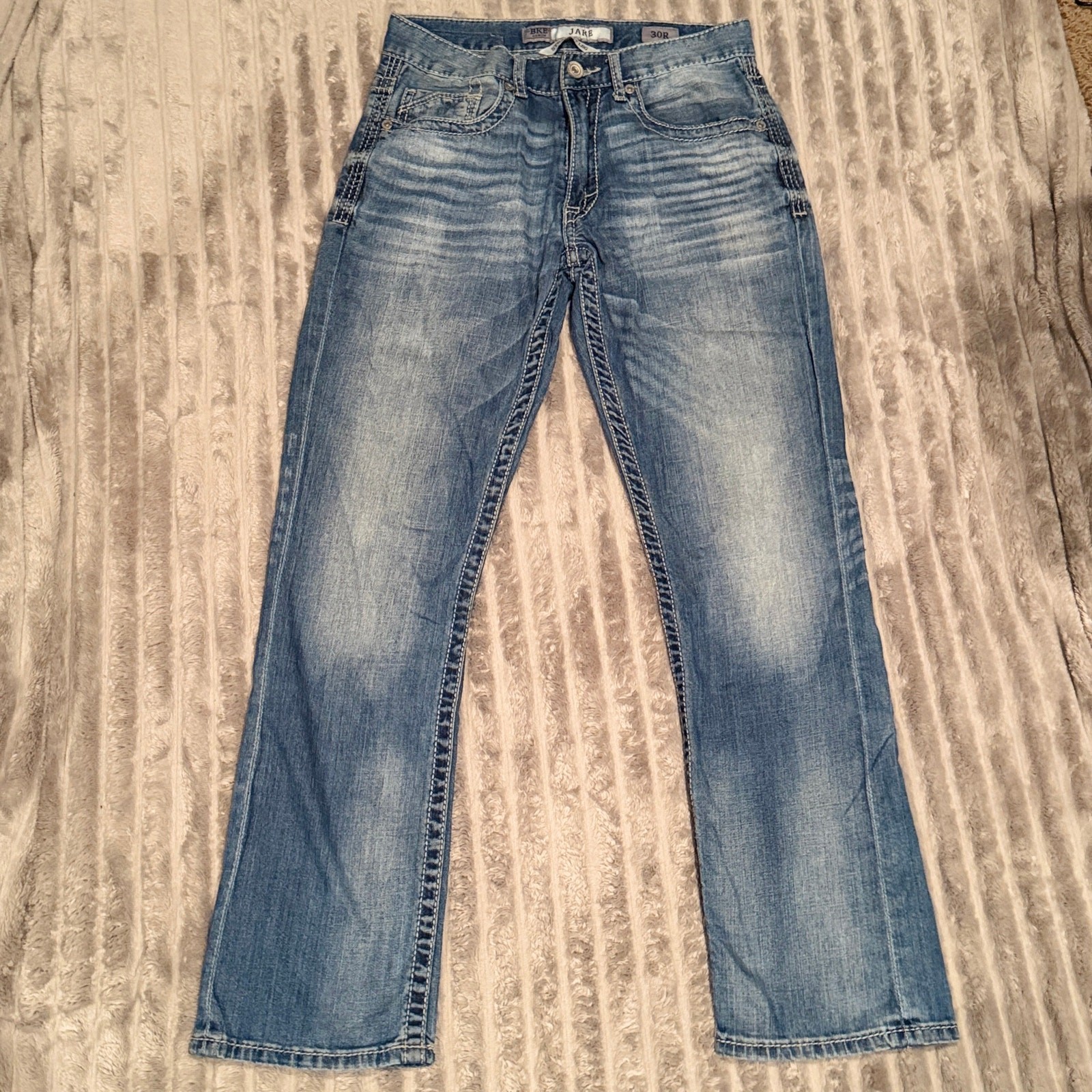 BKE Denim Jake Straight Leg Jeans Men’s 30R Medium Wash Distressed Thick Stitch